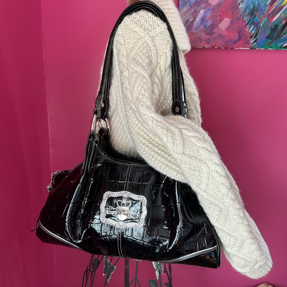 Black Patent Croc-Embossed Shoulder Bag with Silver Plaque